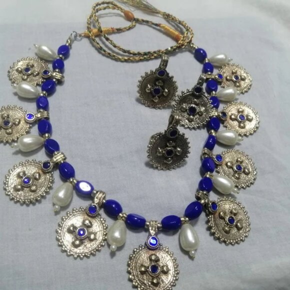 Pearls and Beads Jewelry Set, Handmade Coins Jewelry Set With Glass Stones, - Picture 8 of 9